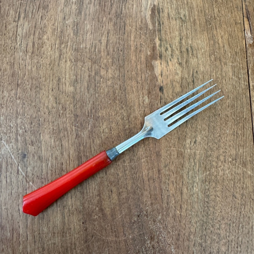 Vintage Sta-Brite Stainless Steel Fork Red Bakelite Handle Made in USA